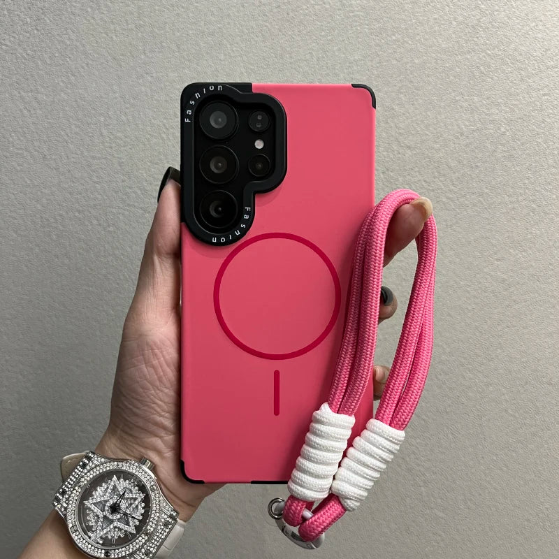 Pure Colour Fine Ring Magnetic Suction Liquid Lanyard Case for Samsung S22 S23 S24 S25 Ultra S25 Plus S25 Frame Printing Cover