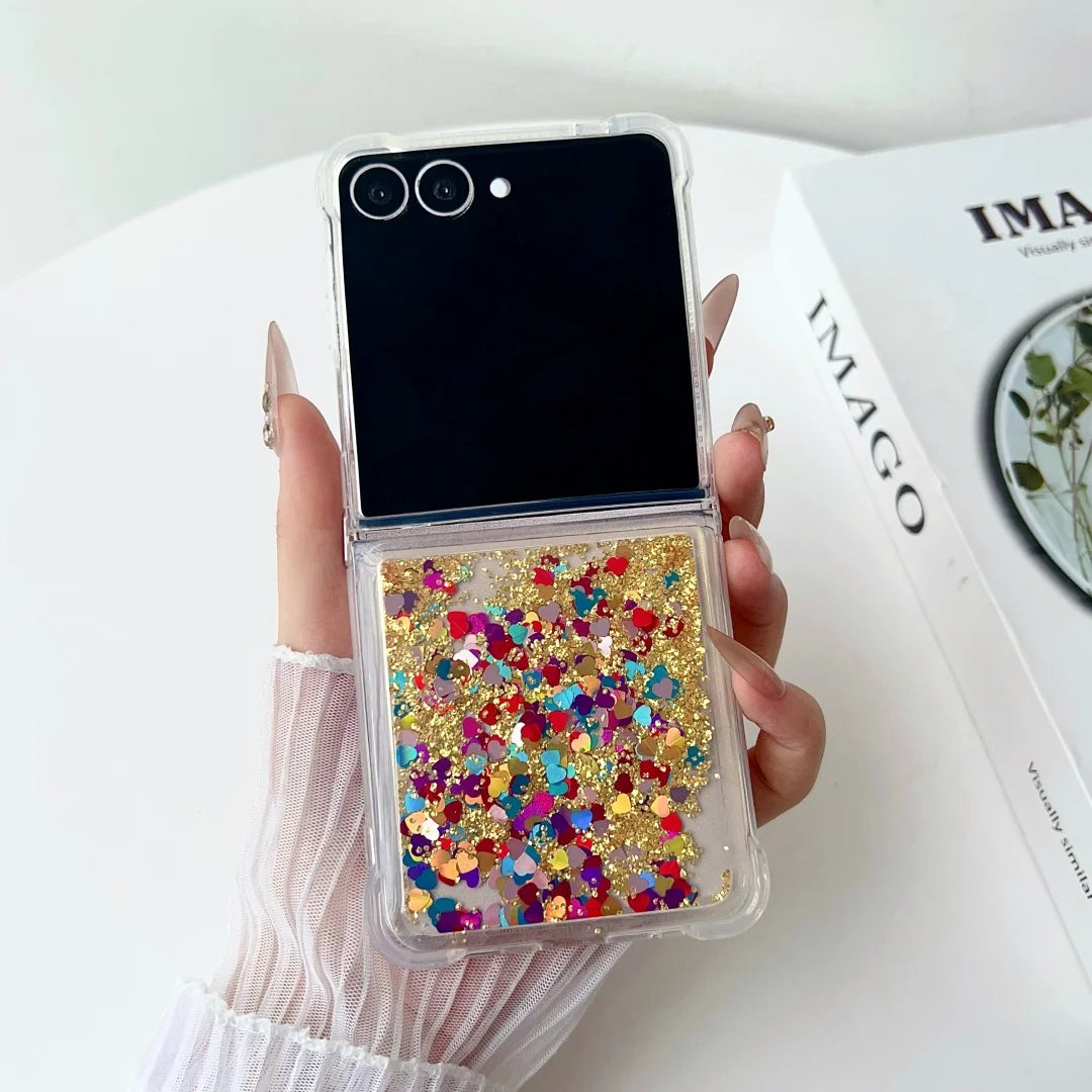 Glitter Quicksand Love Heart Case for Samsung Galaxy Z Flip 6 5 4 3 7 flip6 ZFlip 5 Colorful Bling Shockproof fold back Cover
