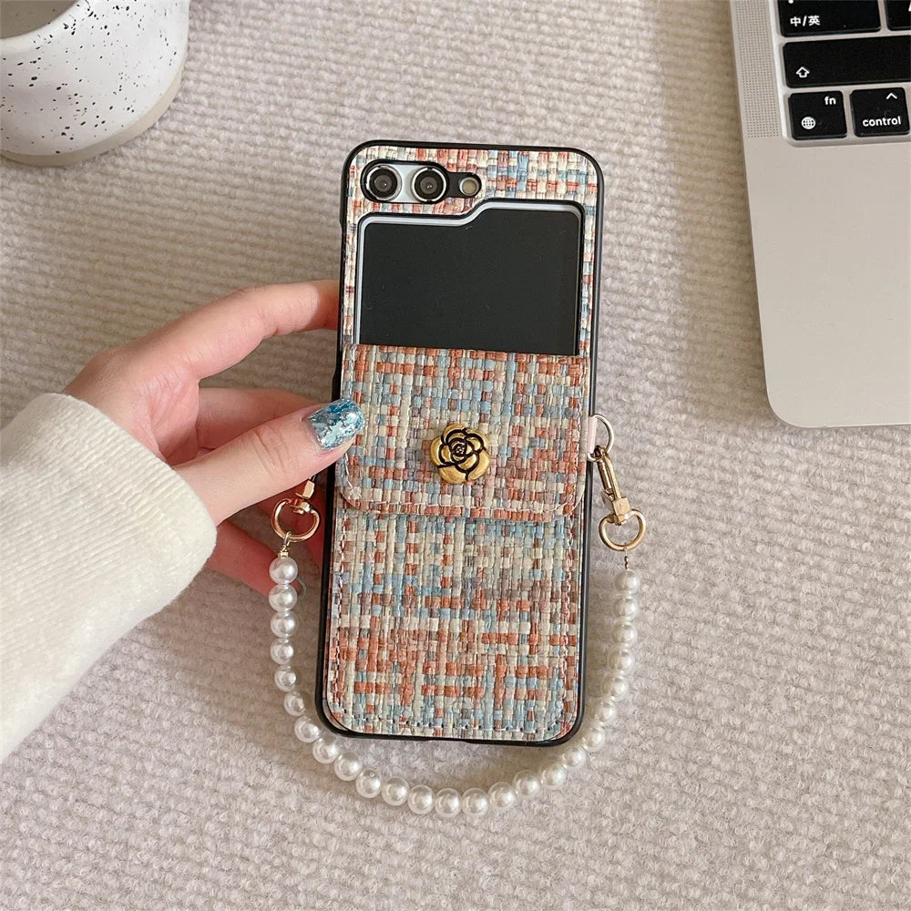 For Samsung Galaxy ZFlip7 Z Flip 7 6 5 4 3 Flip6 Flip5 Flip4 Flip3 5G Case Luxury Texture PU Leather Card Holder Wrist Strap