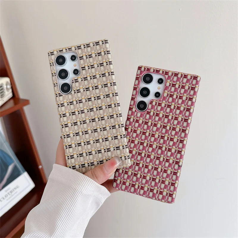 Fashion Grid Woven Cloth Braid Contrasting Color Breathable Phone Case For Samsung Galaxy S24 S23 S22 Ultra TPU Shockproof Cover