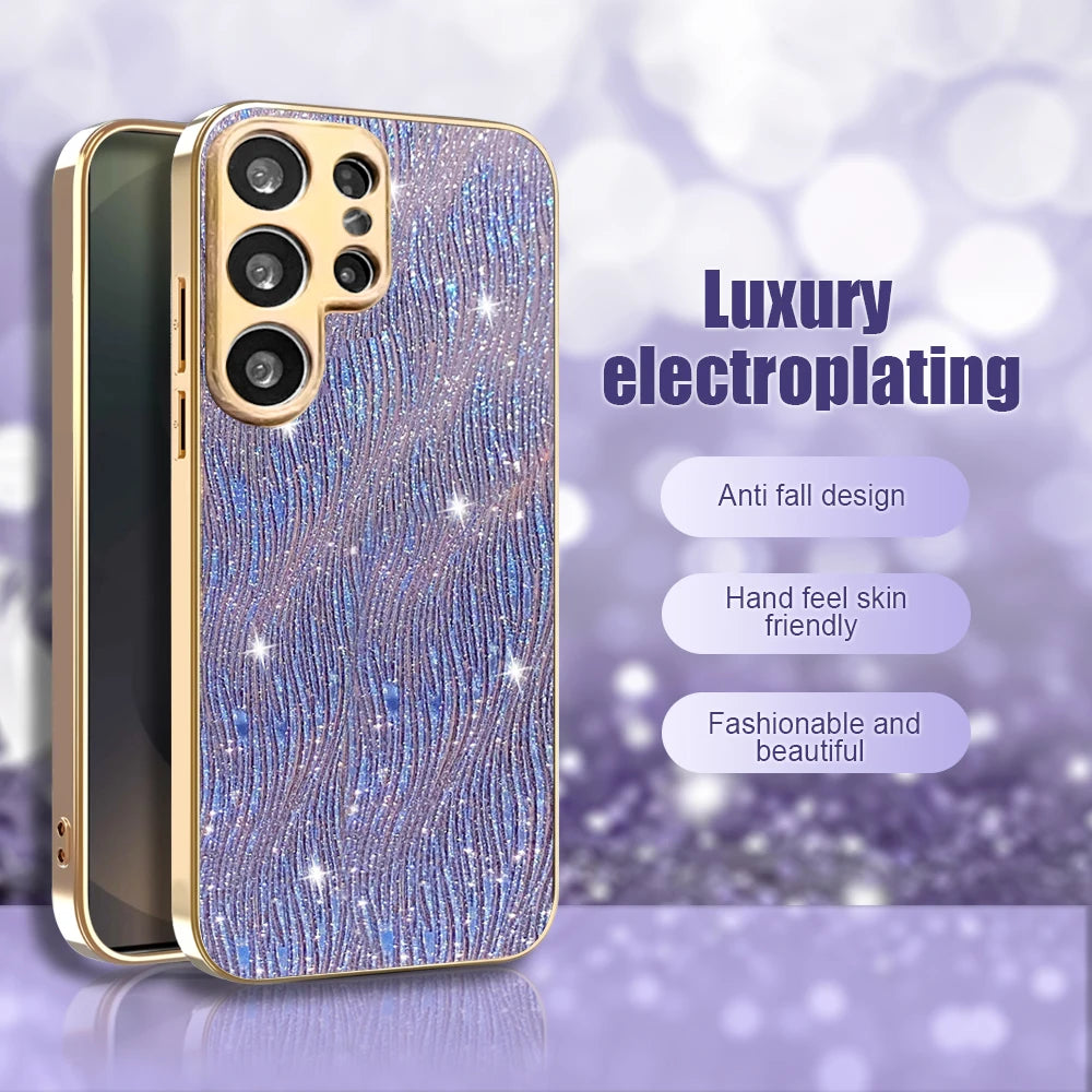 Glitter Water Ripple Case for Samsung Galaxy S25 S24 S23 Ultra S25 Edge S25 Plus S24 FE S23FE Gold Plating Hard Shockproof Cover