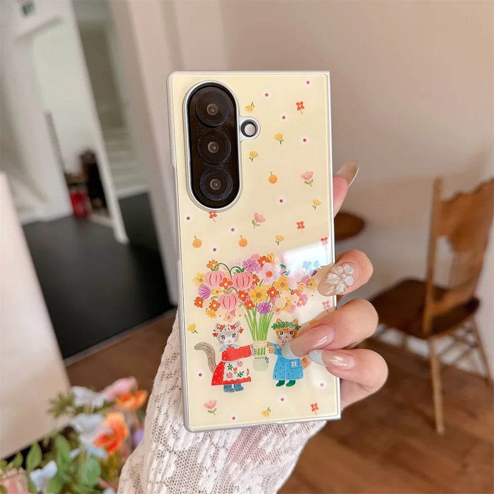 Korean Cute Flower Kitten Glass Phone Case for Samsung Galaxy Z Fold 7 6 Fold 6 Fold 7 Fold 6 7 Cover Fashion Shockproof Funda