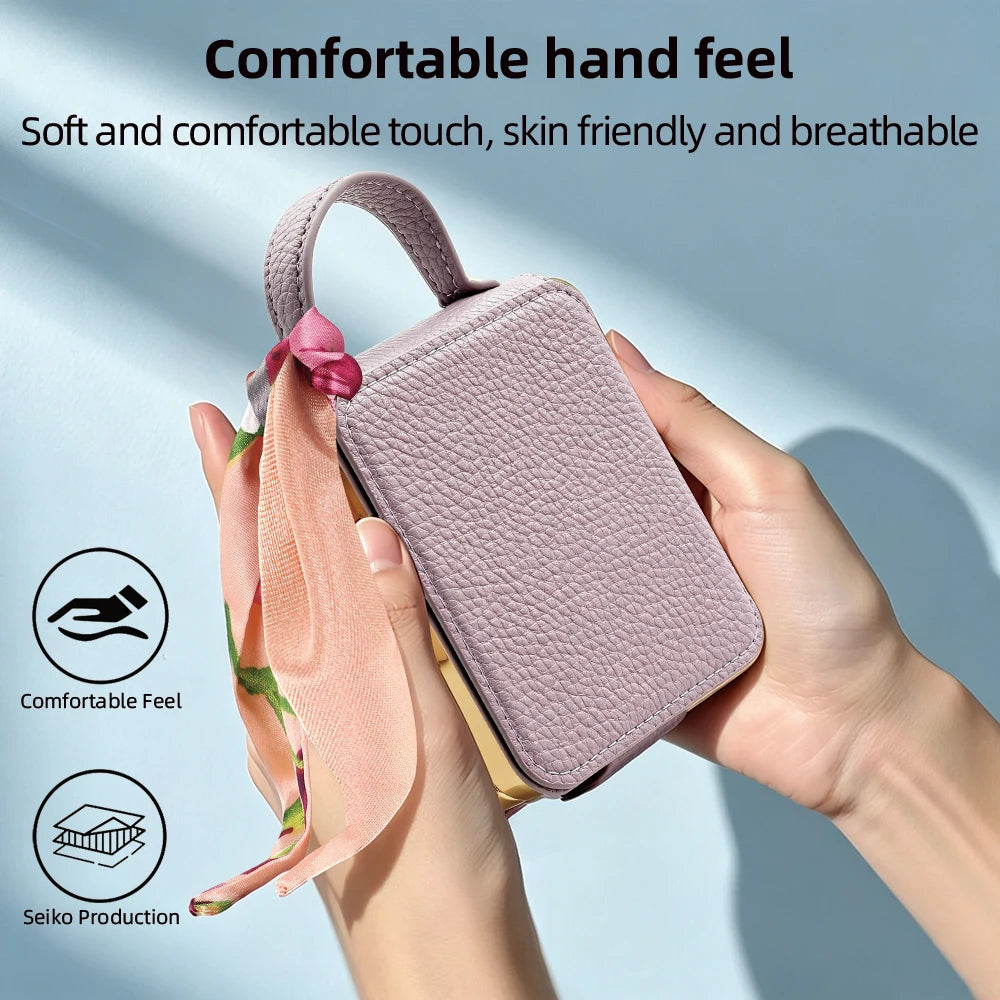 Wrist Strap Lychee Patterned Leather Case for Samsung Z Flip 8 7 6 5 4 Shockproof Screen Protector with Built-in Mirror Cover
