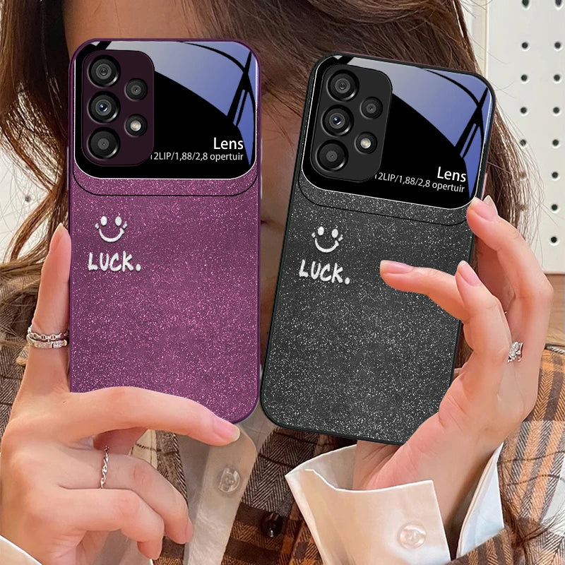 Sunshine Smile Silver For Samsung Galaxy S10 4G S20 11E 30 S21 22 S24 Fe Pro S23 S25 Ultra 5G S9 Tempered Glass Phone Case