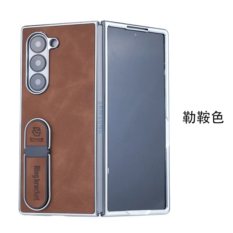 Leather Bracket Phone Case For Samsung Galaxy Z Fold 7 6 5 4 3 Electroplated Z Fold7 Fold6 Fold5 Fold4 Fold3 Protective Cover