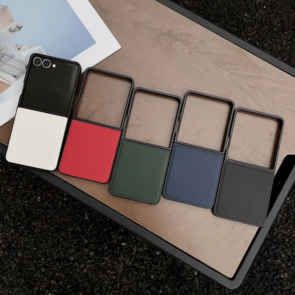 Luxury Lychee Pattern Leather Phone Case For Samsung Galaxy Z Flip 7 6 5 4 3 5G Shockproof Soft Cover For ZFlip6 Flip5 Flip4