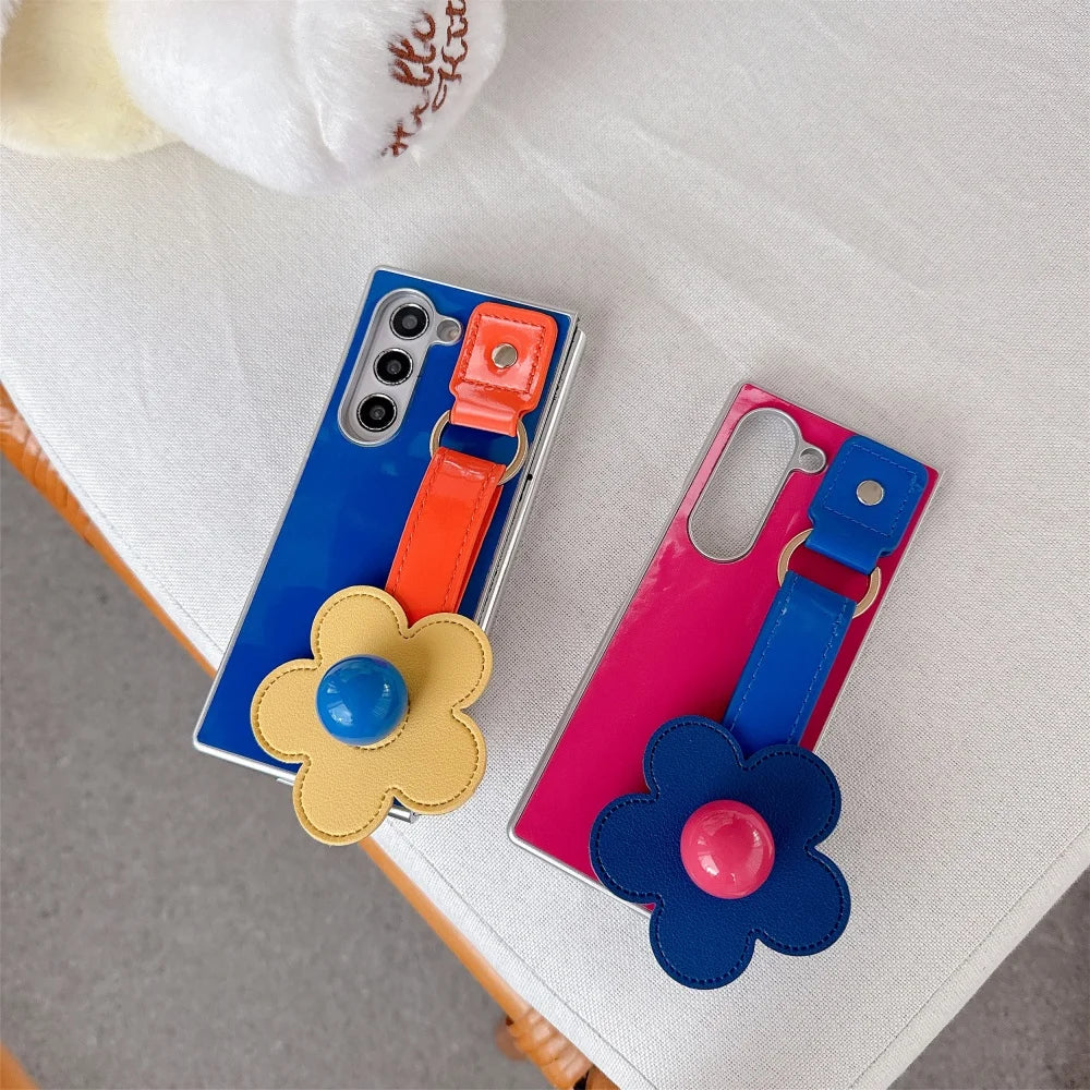 For Samsung Galaxy Z Fold7 Fold 7 6 5 4 3 Zfold6 3D Flowers Leather Wristband Phone Case Plating Silver Frame Shockproof Cover