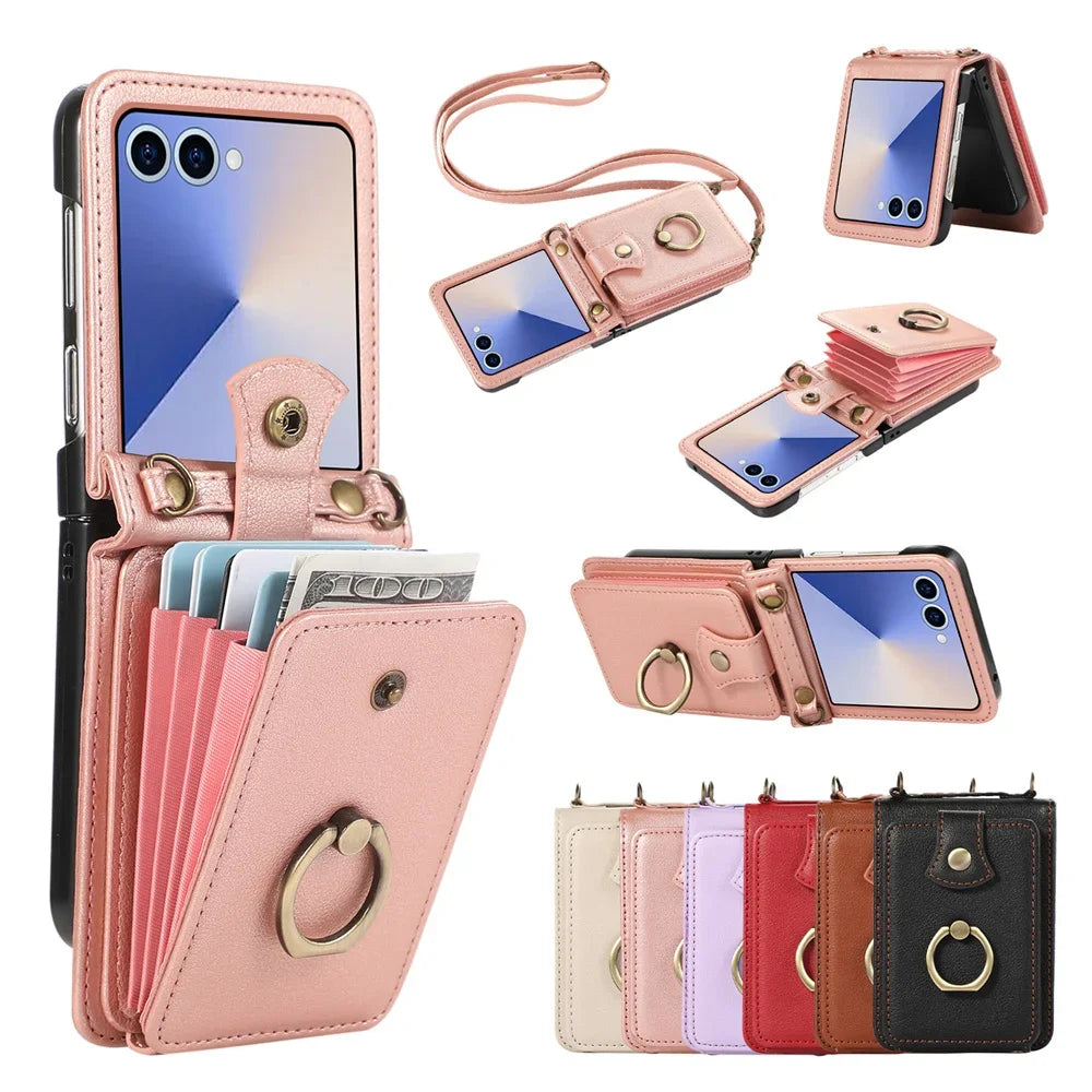 Ring Card Holder Leather Wallet Phone Case for Samsung Galaxy Z Flip 7 6 5 4 3 Flip7 FE Finger Crossbody Protective Cover