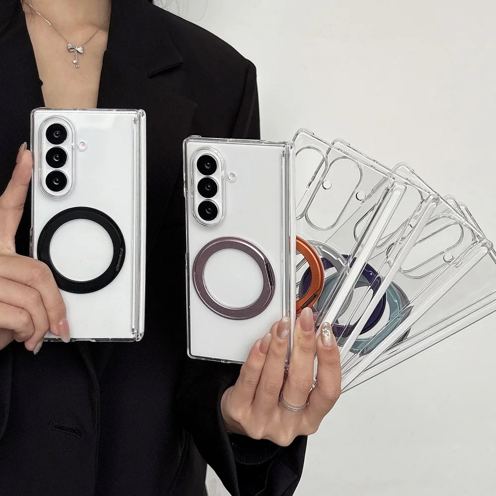 360° Rotating Bracket Transparent Phone Case For Samsung Galaxy Z Fold 7 6 5 4 2pc-Set Hinge Protection Shockproof Back Cover