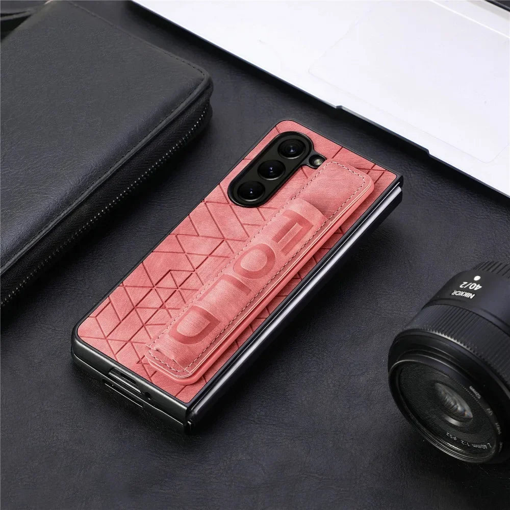 Wrist Strap PU Leather Cover for Samsung Galaxy Z Fold 6 5 4 3 5G Hard PC Phone Case with S Pen Holder & Finger Grip(no Pen)