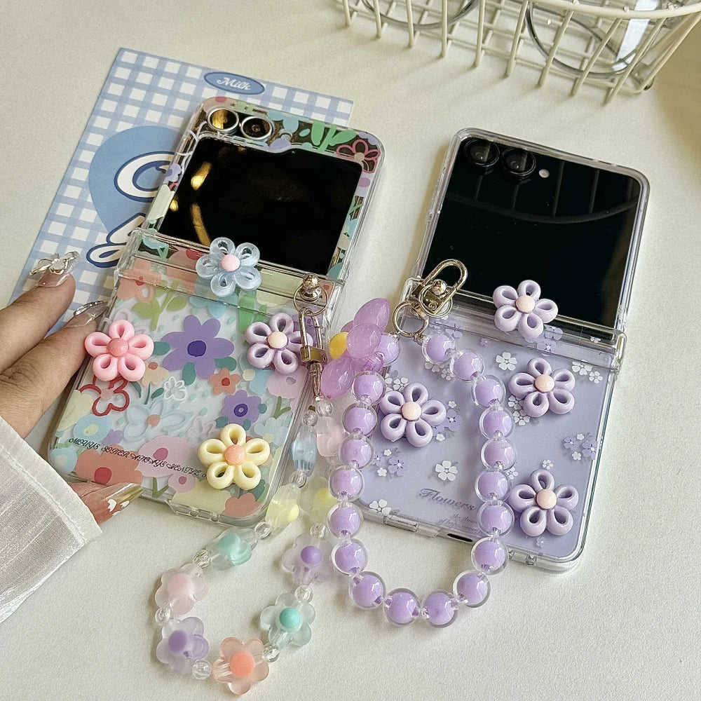 Hinge Protection 2in1 Lovely 3D Rotate Flower Phone Case For Samsung Galaxy Z Flip 7 6 5 4 3 7 FE Wrist Chain Shockproof Cover