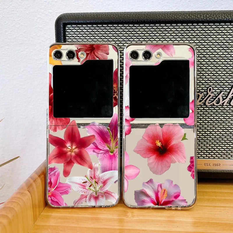 INS Pink Lily Flower Pattern Phone Case For Samsung Galaxy Z Flip 7 6 5 3 4 Hibiscue Clear Hard PC Folding Cover For Z Flip 5