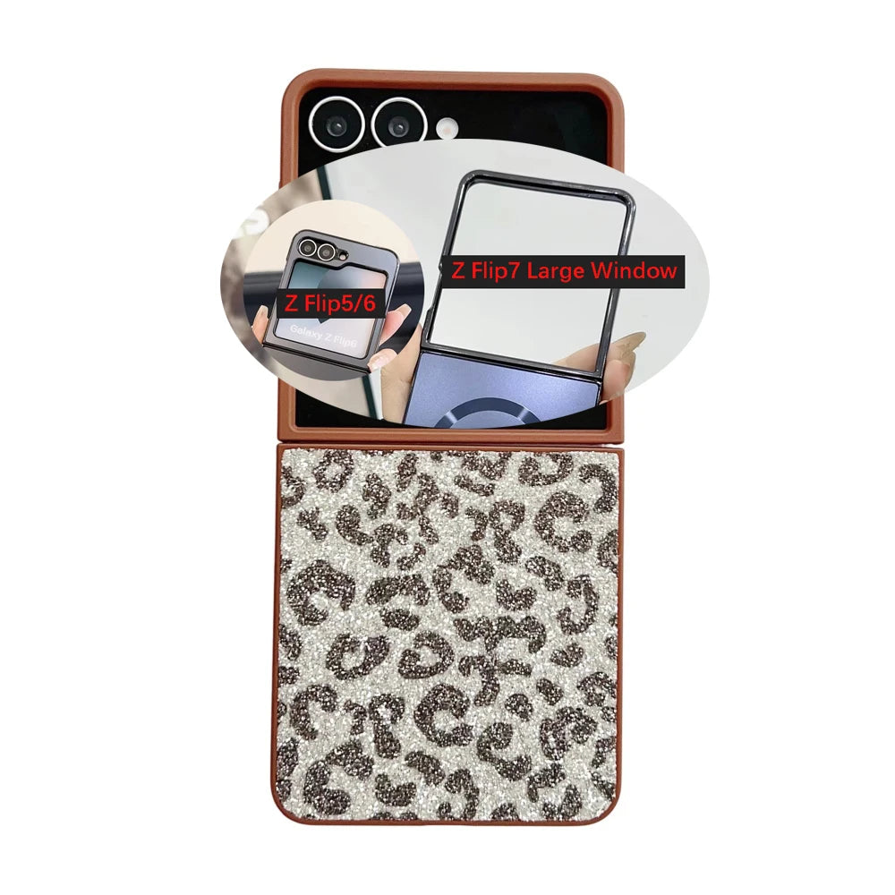 Z Flip 7 5G Glitter Leopard Print Folding Phone Case For Samsung Galaxy Z Flip7 Flip6 Flip 5 4 Shockproof Skin Feel Bumper Cover