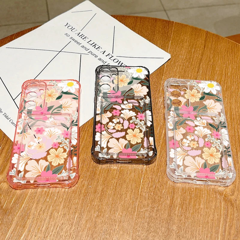 Flower Card Bag Wallet Clear Case For Samsung Galaxy S25 S24 S22 Ultra S23 S21 FE A55 A54 A35 A25 A15 A16 5G A06 TPU Phone Cover