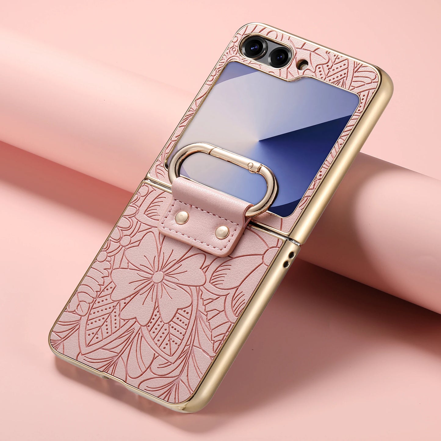 For Samsung Galaxy Z Flip 7 FE 6 5 4  Leather Embossed Flower Phone Case with Ring Buckle Electroplated Shockproof Cover