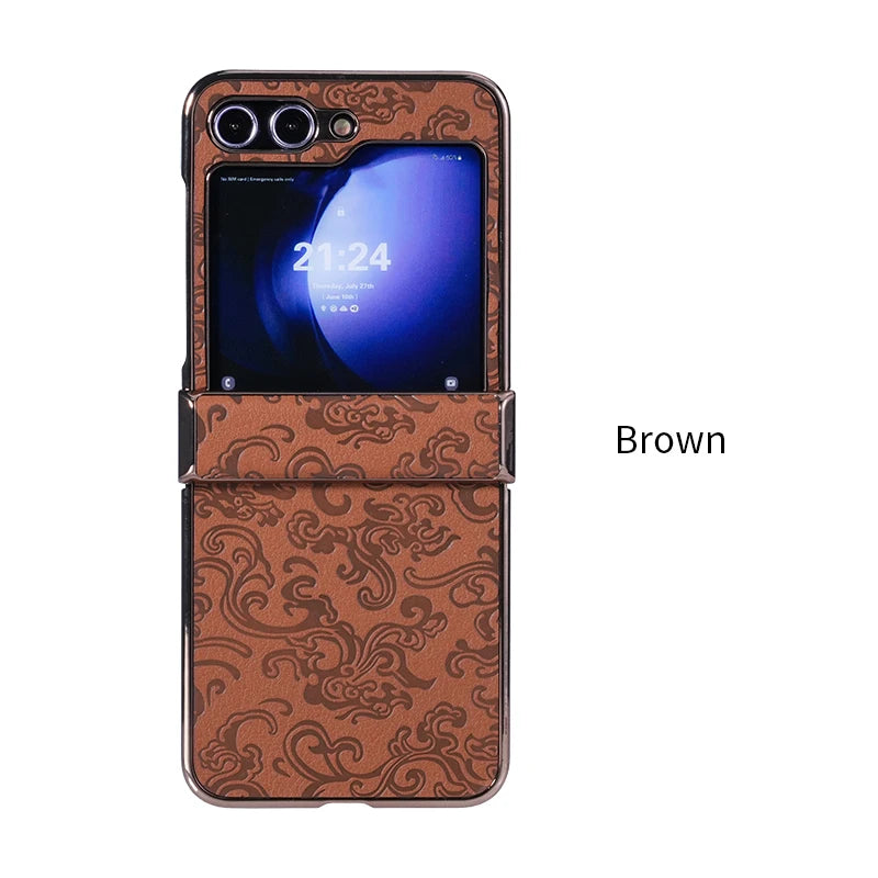 Luxury Dragon Pattern Leather Phone Case For Samsung Galaxy Z Flip 7 FE 6 5 4 3 Flip6 ZFlip7 3-Pieces-Set Plating PC Hinge Cover