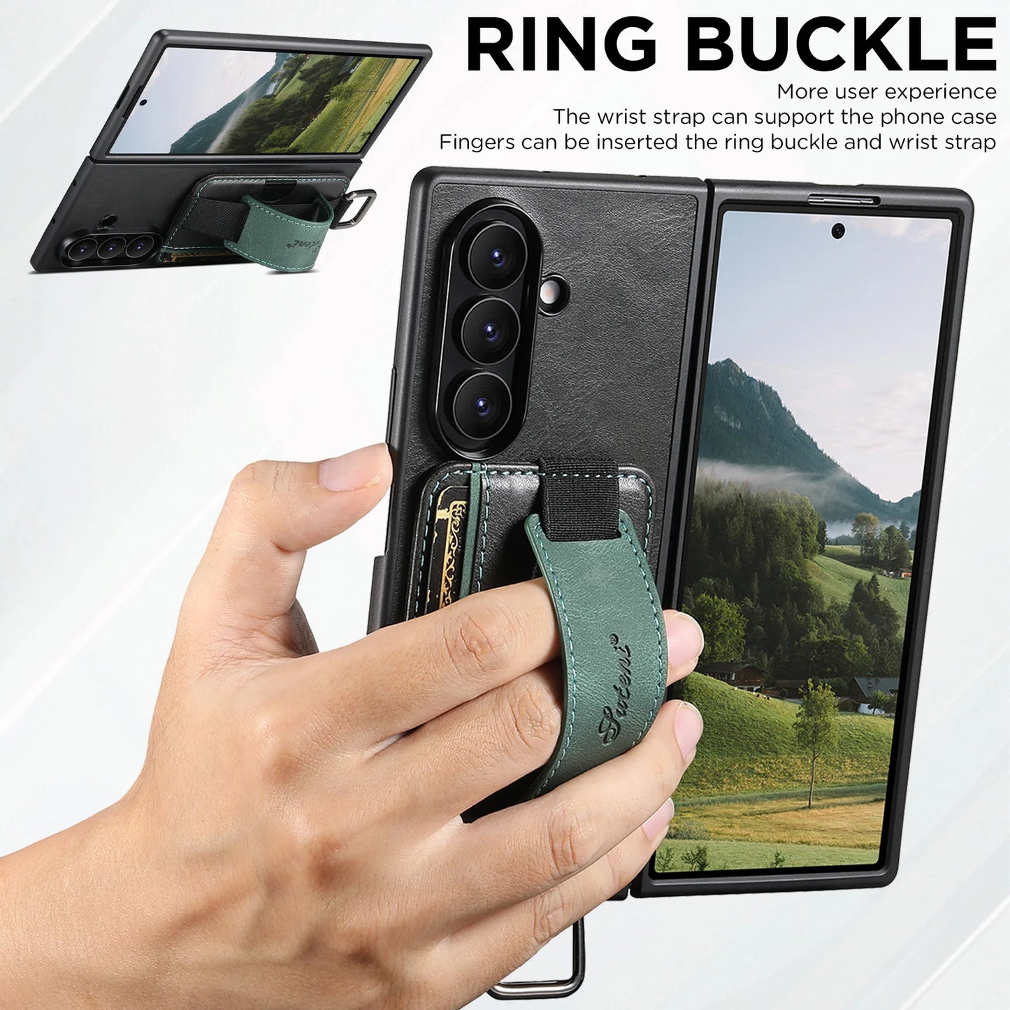 Oil Wax Leather Moblie Phone Case for Samsung Galaxy Z Fold 7 Fold6 5 Wrist Strap Ring Card Slot Wallet Holder Anti-fall Cover