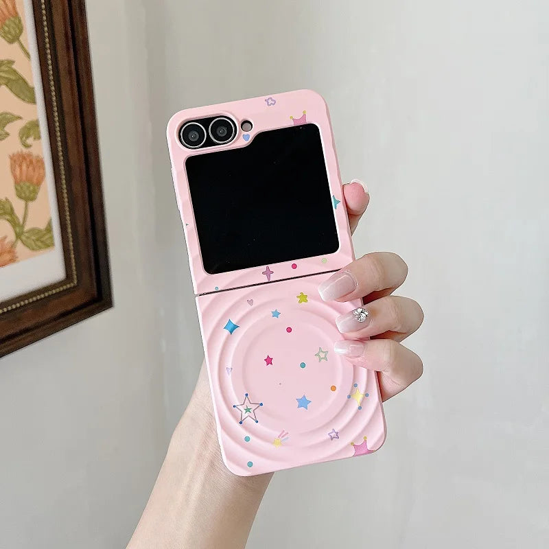 Korean Cute Star Wave Case For Samsung Galaxy Z Flip 5 6 5G Flip6 Flip5 2-piece set With Bracelet Love Heart Holder  Back Cover