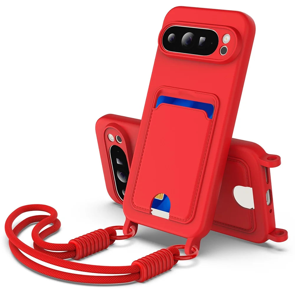 Soft Liquid Silicone Phone Case For Google Pixel 9 Pro XL Pixel 10 9 8 Pro 8A with Lanyard Card Case Shockproof Protective Cover