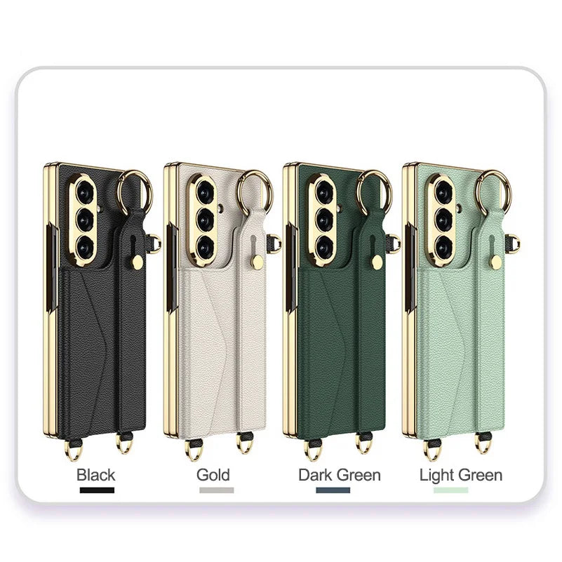 Gold Wristband Bracelet Electroplated Plain Leather Card Slot Glass Protect Case for Samsung Galaxy Z Fold7 Fold 7 6 Cover