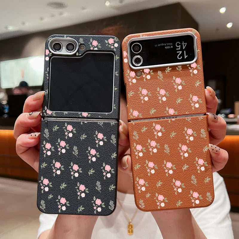 Small Pink Flower Case For Samsung Galaxy Z Flip 6 5 4 3 Leather Texture Silicone Folding Cover For Samsung Z Flip6 Flip5 Flip4