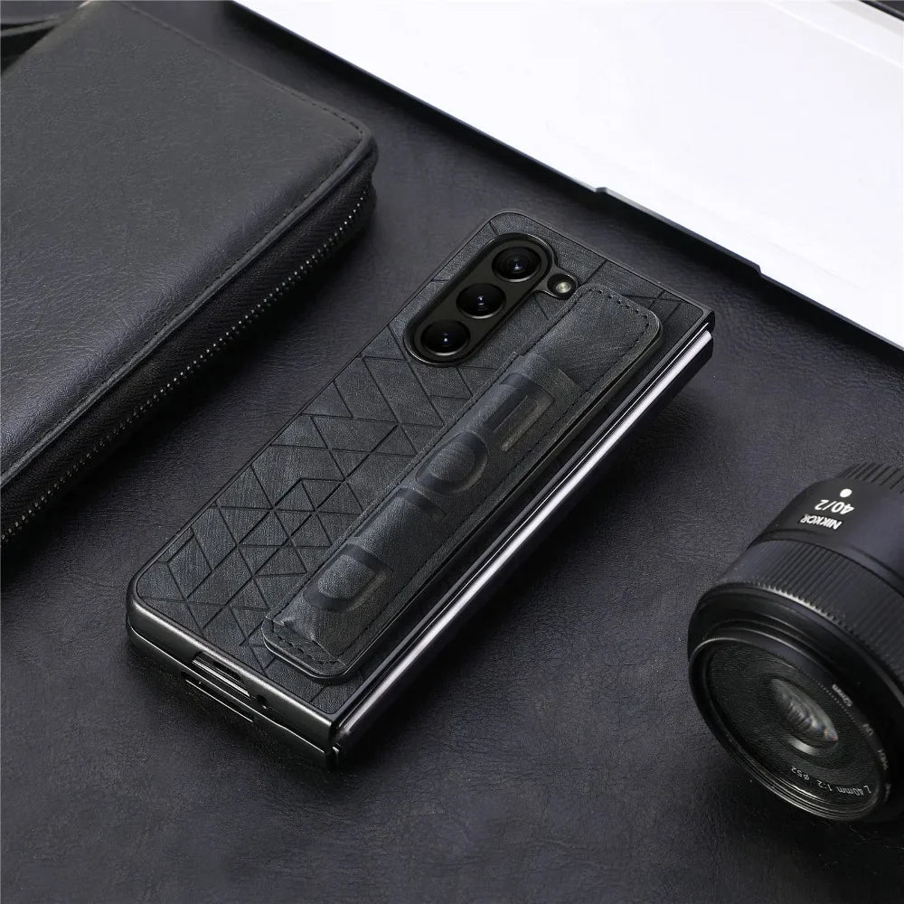Wrist Strap PU Leather Cover for Samsung Galaxy Z Fold 6 5 4 3 5G Hard PC Phone Case with S Pen Holder & Finger Grip(no Pen)