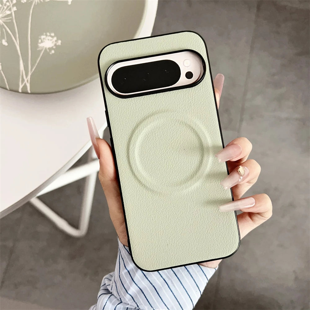 Vegan Leather Ultra Thin Phone Case For Google Pixel 10 Pro XL 8 8A 7 7A 6 9 Pro XL For Magsafe Magnetic Shockproof Solid Cover