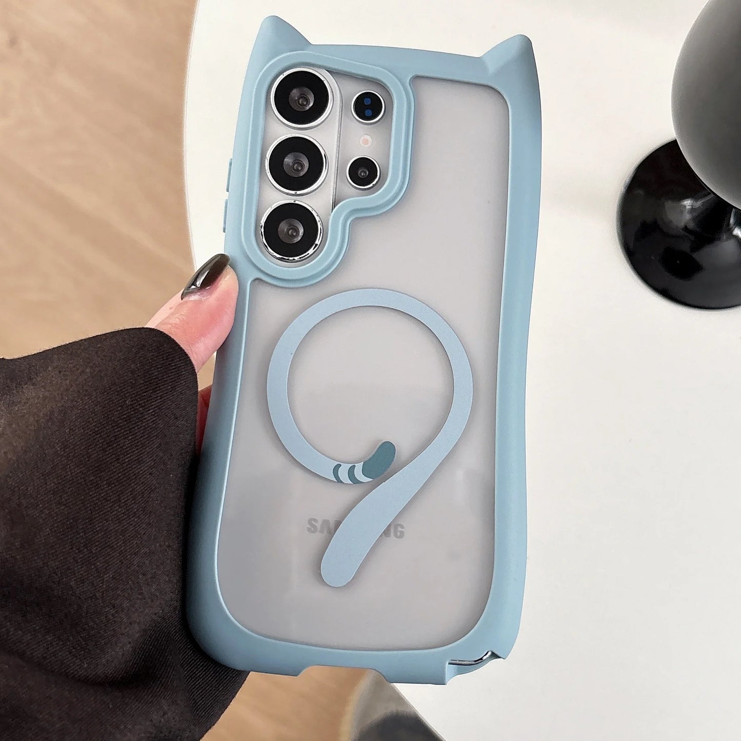 Lovely Cat Ear For Samsung Galaxy S26 Ultra Magnetic Wireless Charging Case For Samsung S26 Plus S25 S24 Transparent Hard Cover