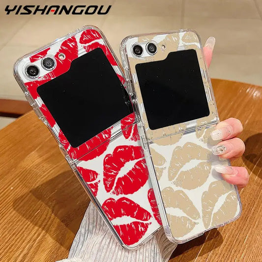 Luxury Kiss Lips Phone Case For Samsung Galaxy Z Flip 6 5 4 3 Metal Buckle Clear TPU Folding Cover For Samsung Z Flip6 Flip5