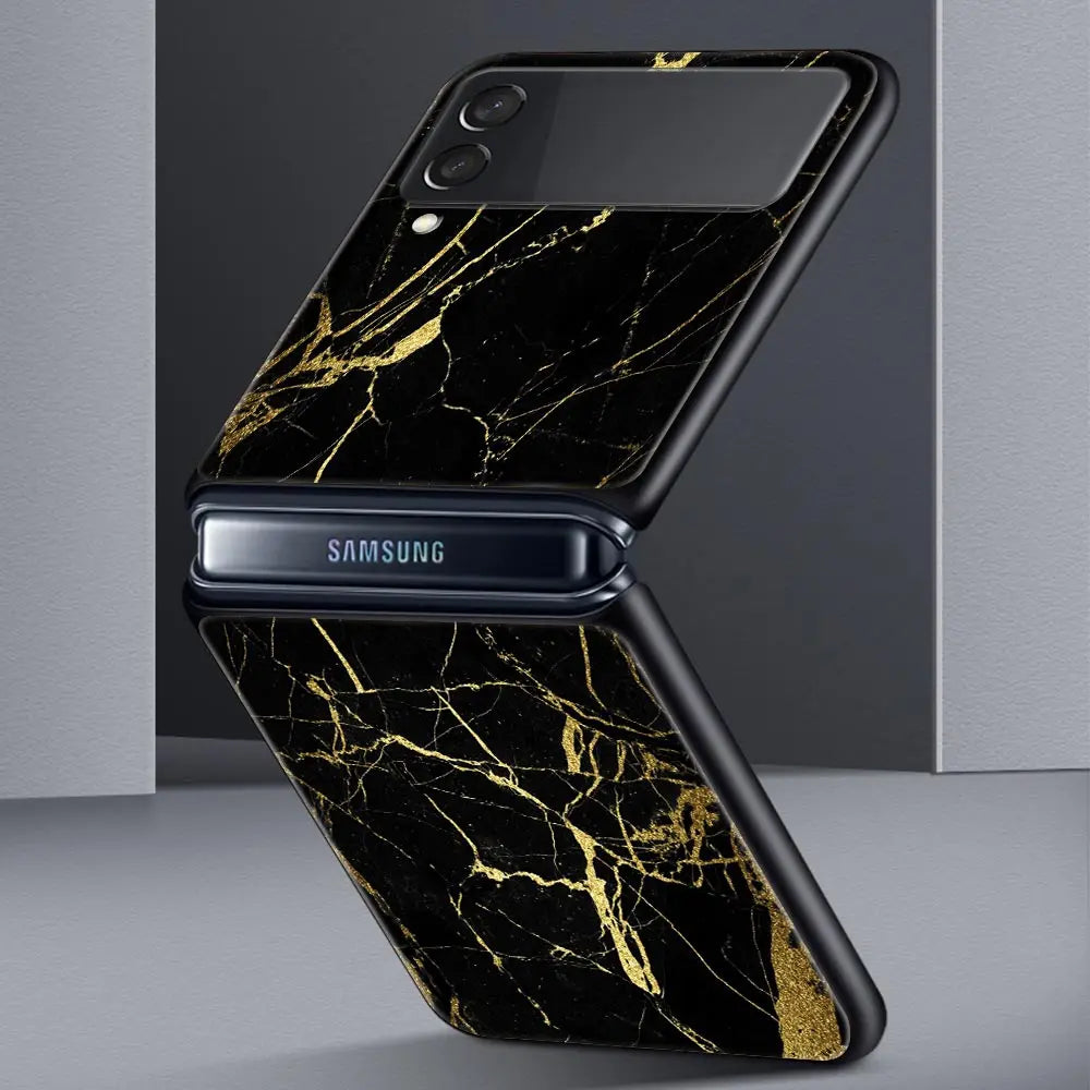 Vintage Marble Hard PC Phone Case For Samsung Galaxy Z Flip 7 6 5 4 Black Cover For Galaxy Z Flip 3 Foldable Fundas Shell Capas