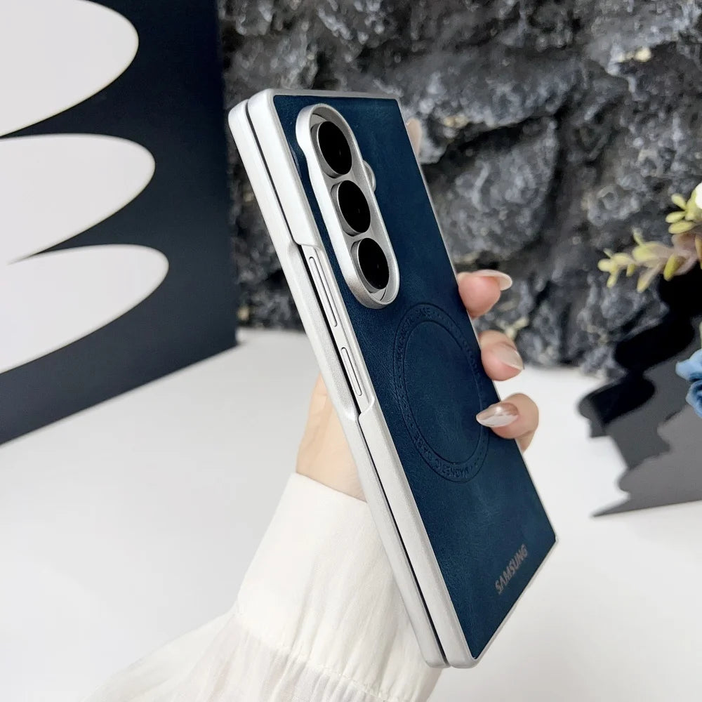 Retro Leather Cover Samsung Galaxy Z Fold 7 6 5 4 Magsafe Wireless Charging Cover For Galaxy Fold6 Fold7 Hard Shockroof Case