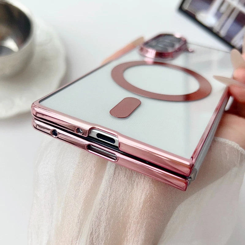 Electroplated Transparent Magnetic Case For Samsung Galaxy Z Fold 3 4 5 6 7 ZFold7 Fold6 5G Plating Clear Shockproof Back Cover