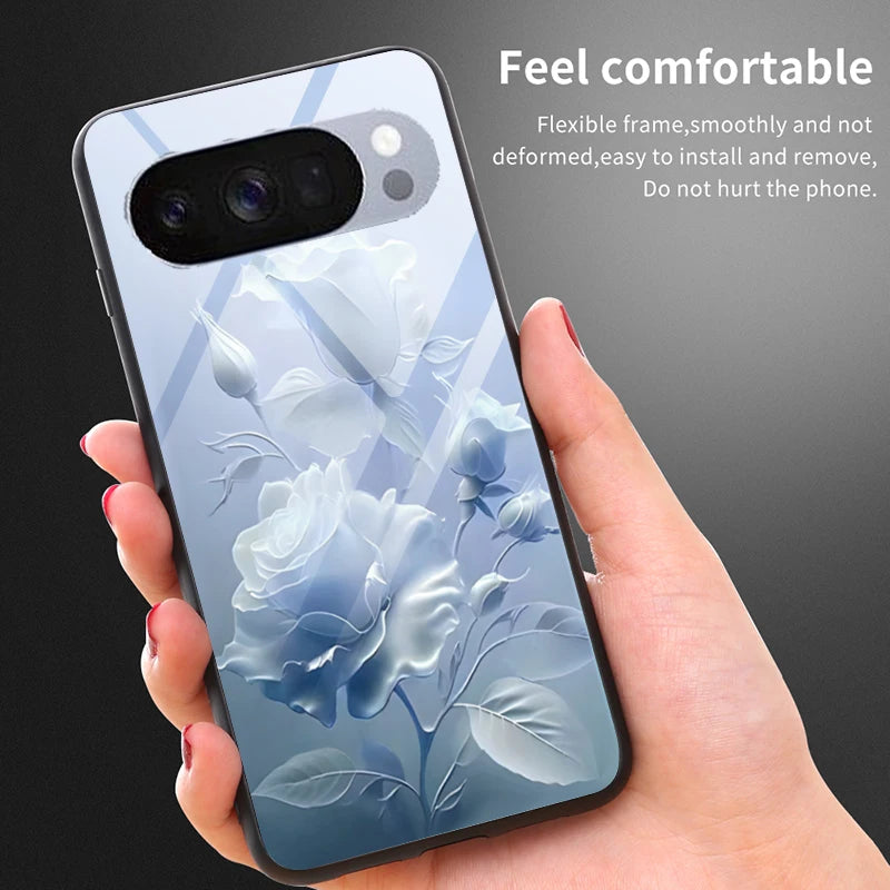 Hard Tempered Glass Case For Google Pixel 10 Pro XL Pixel 9 Protective Cover Flower Pattern Back Shell Fundas