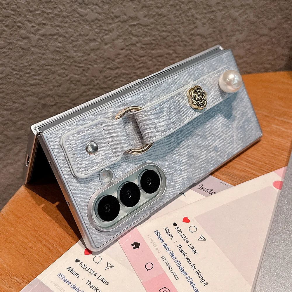 Simple Denim Wrist Strap Case for Samsung Galaxy Z Fold 7 6 5 4 3 Flower Pearl Phone Holder Phone Cover Bumper Fundas