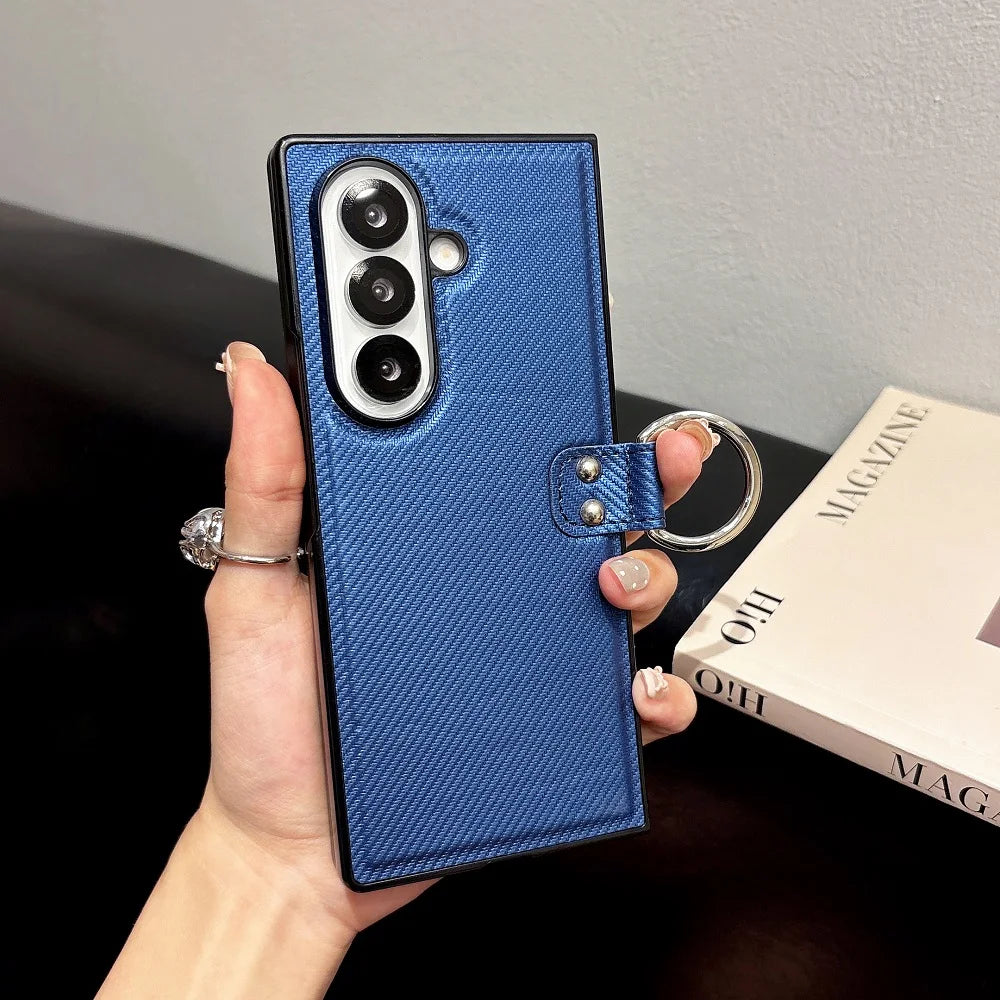 Luxury PU Leather Ring Bracket Phone Case For Samsung Galaxy Z Fold 7 6 5 4 3 Solid Color Shockproof Protection Folding Cover