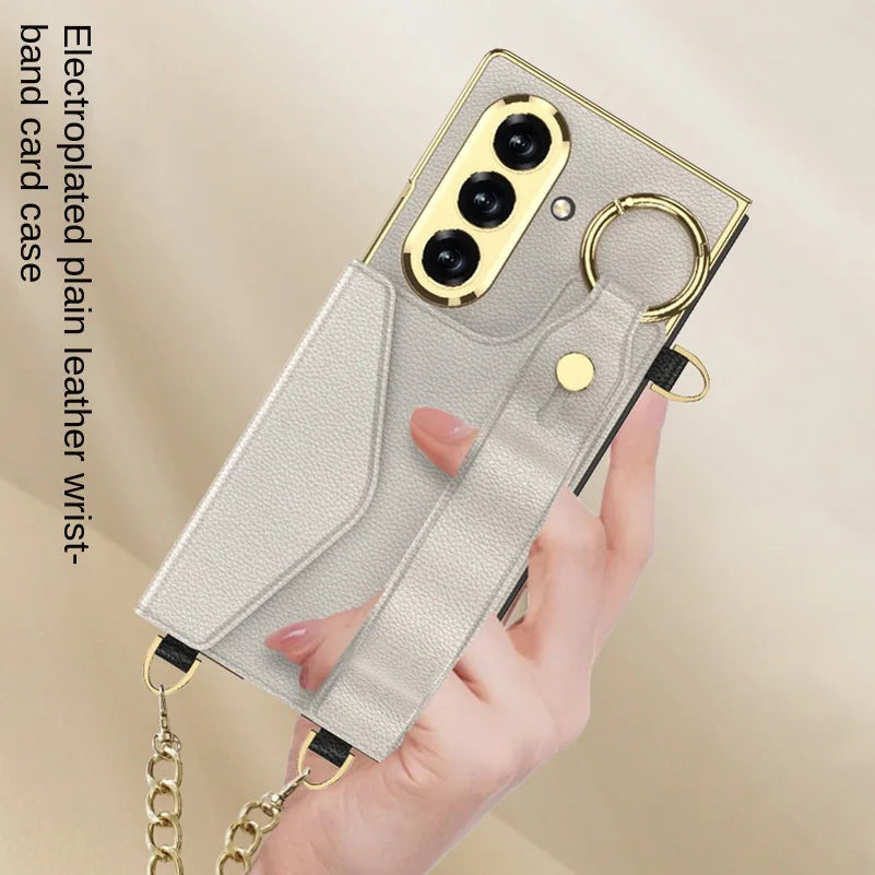 Gold Wristband Bracelet Electroplated Plain Leather Card Slot Glass Protect Case for Samsung Galaxy Z Fold7 Fold 7 6 Cover