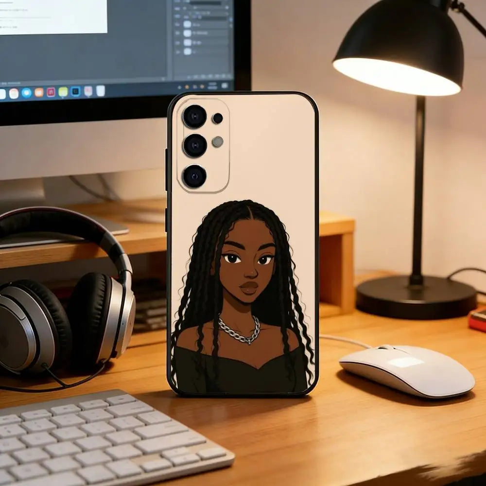 Cartoon African Black Girl Phone Case For Samsung S25,S24,S21,S22,S23,S30,Ultra,S20,Plus,Fe,Soft Silicone Black Cover
