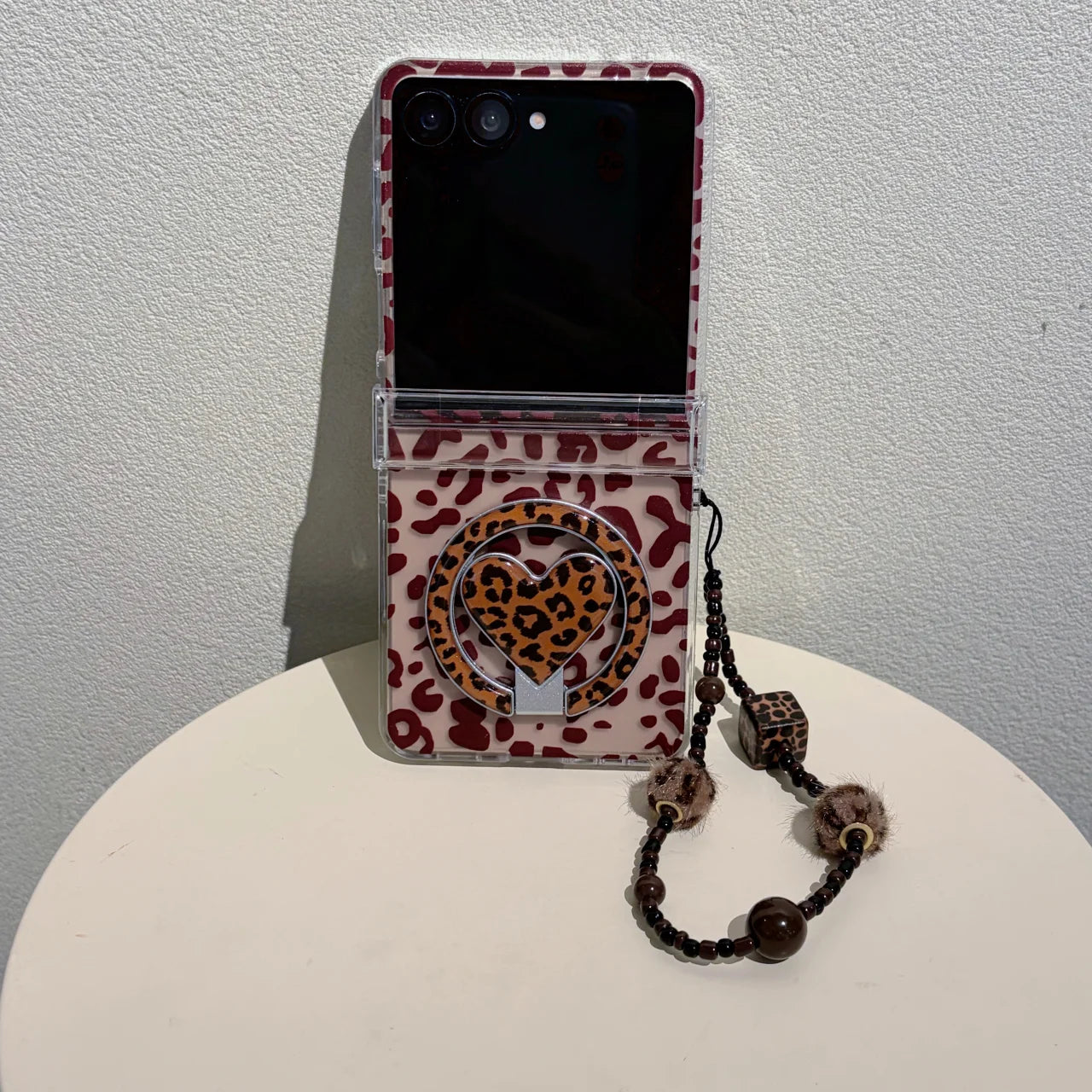 Transparent Leopard Pattern Stand Holder With Bracelet Phone Case For Samsung Z Flip 5 6 7 8 FE Shockproof Protective Cover