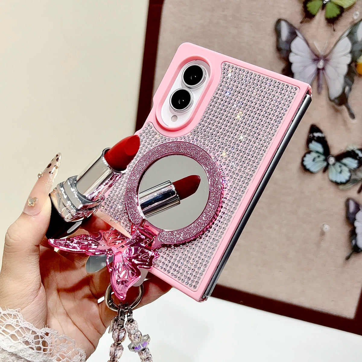 Full Diamond Butterfly Mirror Stand‌ Phone Case for Samsung Galaxy Z Fold8 Fold 8 Wide Shockproof Fashion Strap Slim Fit Cover
