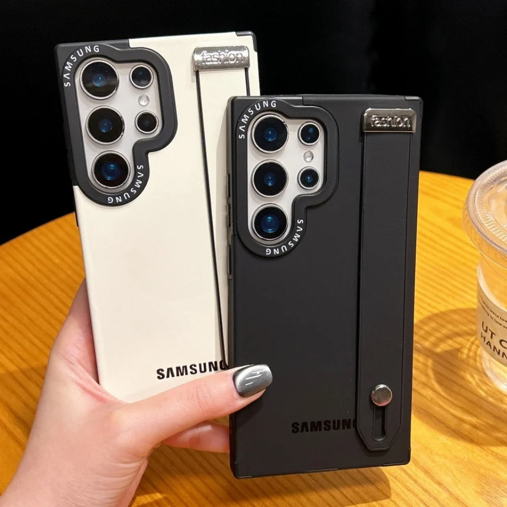 Luxury Suede Leather Wrist Strap Bracket Holde Stand For Magsafe Case Samsung Galaxy S25 S24 S23 S22 Ultra Plus Magnetic Cover
