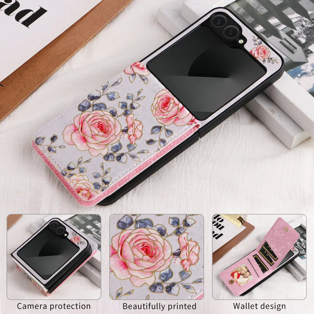 Wallet Double Button Floral Leather Card Coque for Samsung Galaxy Z Flip 7 5G 2025 Luxury Case ZFlip 7 SE Flip7 6 5 Magnet Cover