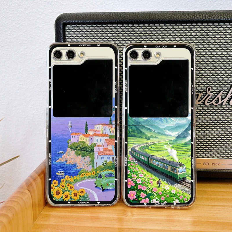 Anime Landscape Mountain Oil Painting Phone Case For Samsung Galaxy Z Flip 6 5 7 3 4 Clear Hard PC Folding Cover For Z Flip 7 5