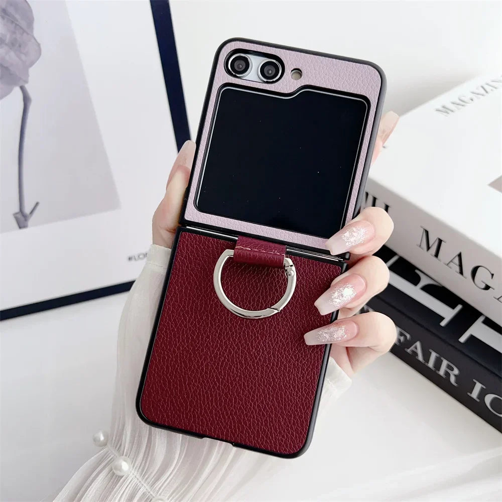 flip 6 Case Double Color Ring Holder Luxury Phone Case for Samsung Galaxy Z Flip 6 5 4 3 2 1 flip6 Flip5 PU Leather Cover