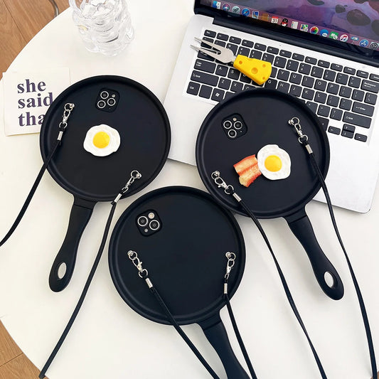 Funny 3D Frying Pan Crossbody Strap Phone Case For Samsung Galaxy S25 Ultra Cover S24 Plus S23 Ultra INS Fashion Shockproof Case