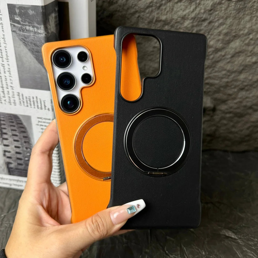Frameless Matte Leather Magnetic Satnd Holder Case For Samsung Galaxy S26 S25 S24 S23 Ultra Slim Breathable For Magsafe Cover