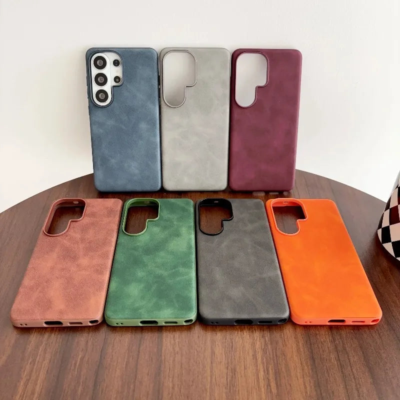 Fashion Lambskin Leather Texture Matte armor Case For Samsung S26 Ultra S25 S24 S23  Plus Lens Shockproof Phone Protect Cover