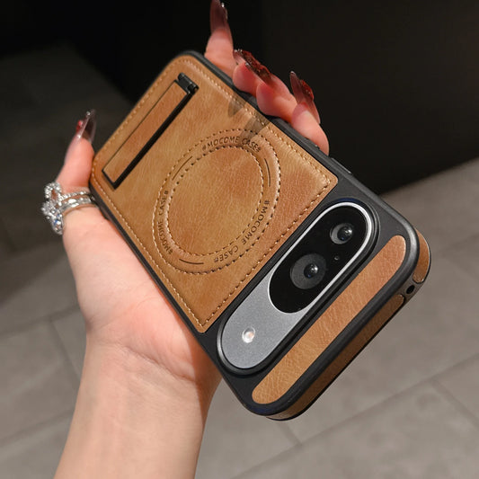 PU Leather Mag-safe Wireless Charge Case for Google Pixel 10 9 Pro XL 9A 8 Magnetic Invisible Bracket Cover Stand Holder Shell