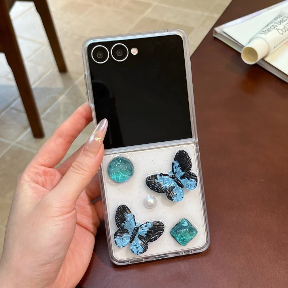 Black Blue Butterfly Glitter Transparent Case for Samsung Galaxy Z Flip 8 7 6 5 flip 7FE zflip8 Resin Dripping Pearl Clear Cover