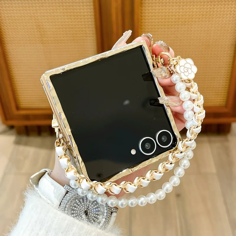 Water Waves Plated Leopard Knot Texture Casing For Samsung Galaxy Z Flip 8 Case Flip7 With Pearls Bracelet Mobile Phone Cover