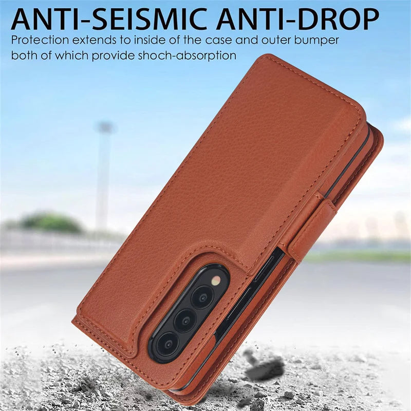For Samsung Galaxy Z Fold 7 6 Leather Foldable Card Insert Pen Slot Phone Case For Z Fold5 Z Fold 3 4 Flip MultiFunctional Stand